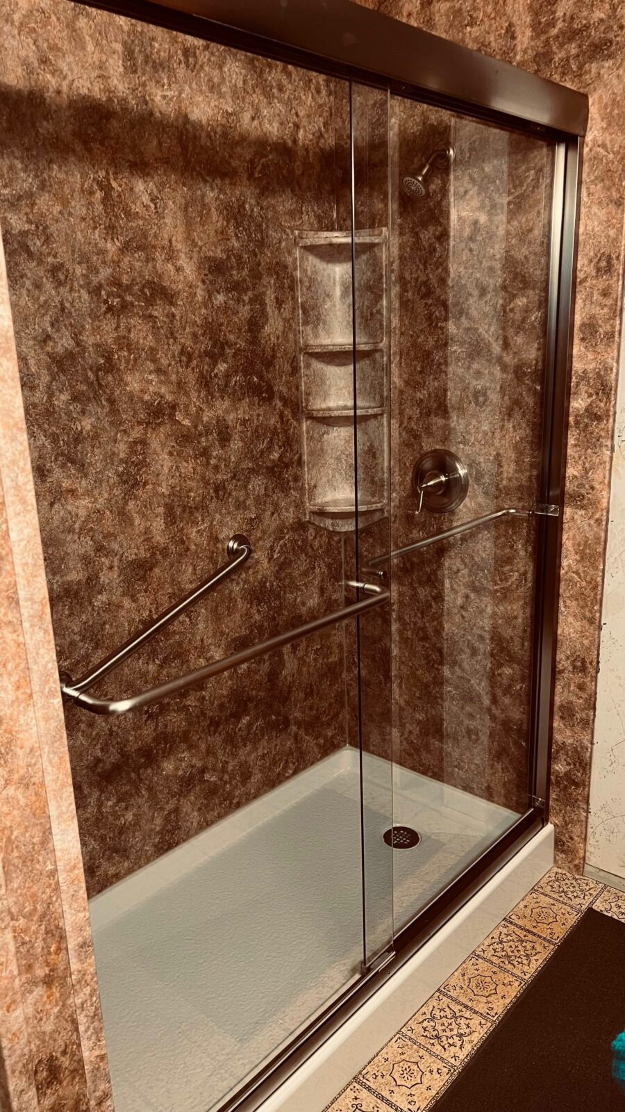 New walk-in shower with brushed nickel accessories, Herkimer, NY